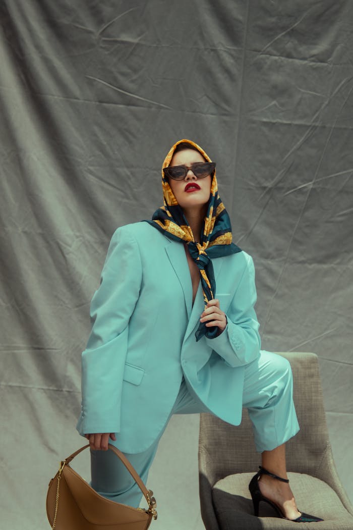 Stylish woman in a bold outfit posing with sunglasses and scarf indoors